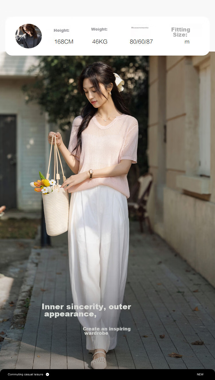 Demana [Breathable Tencel] Summer Elegant V-Neck Hollow Jacquard Slim Fit Short Sleeve Knit Top for Women Premium 9