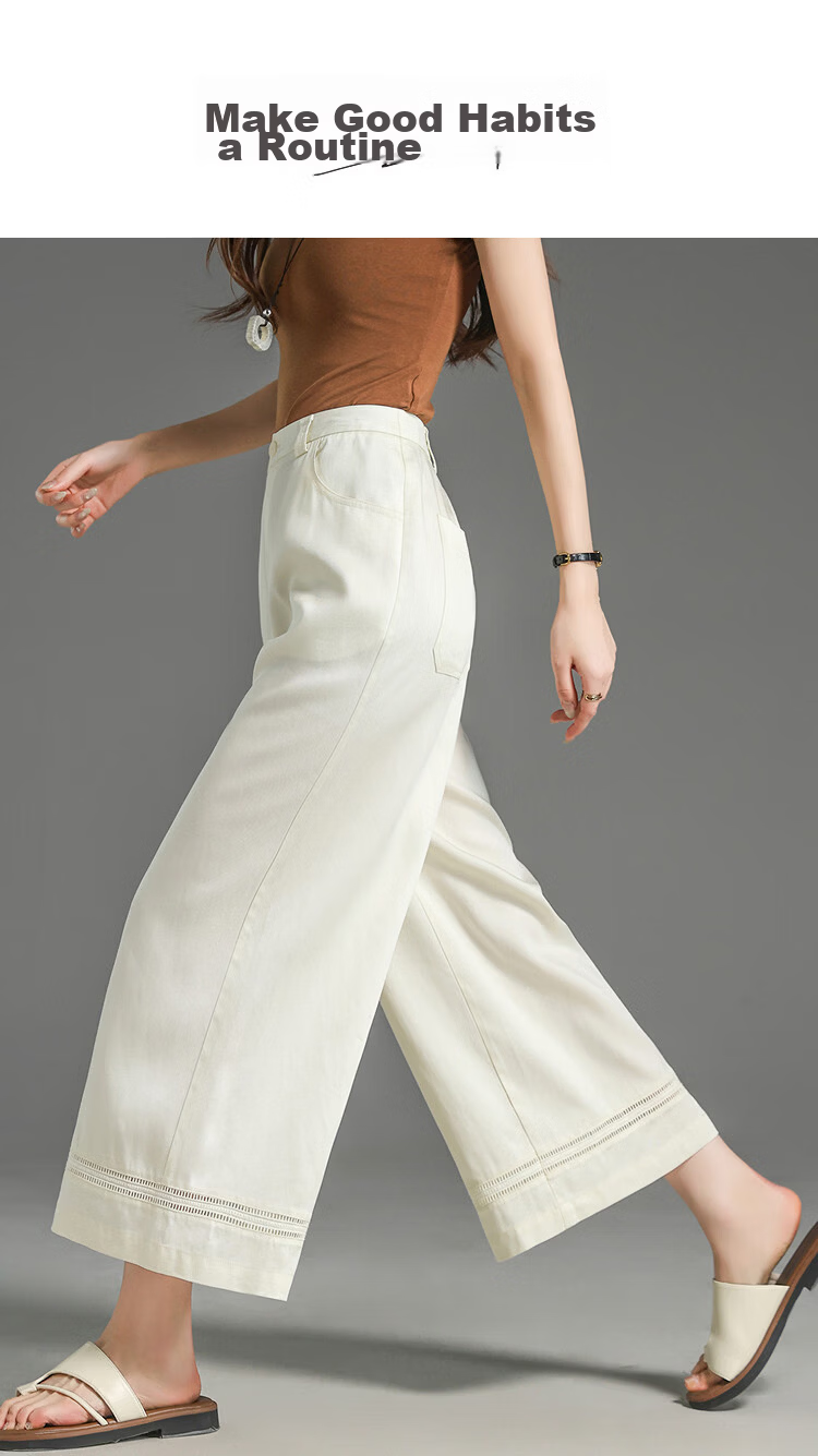 Demana [100 Lyocell] Summer Cropped Pants Simple Style Lace Splicing Straight Loose Slim Casual Pants for Women 1
