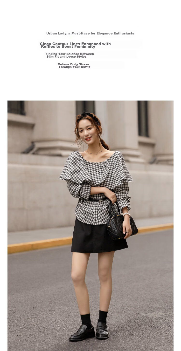 Demana [Cloud Soft Cotton Blend] Spring Off-Shoulder Ruffle Side Ruched Plaid Petite Women's Shirt 5