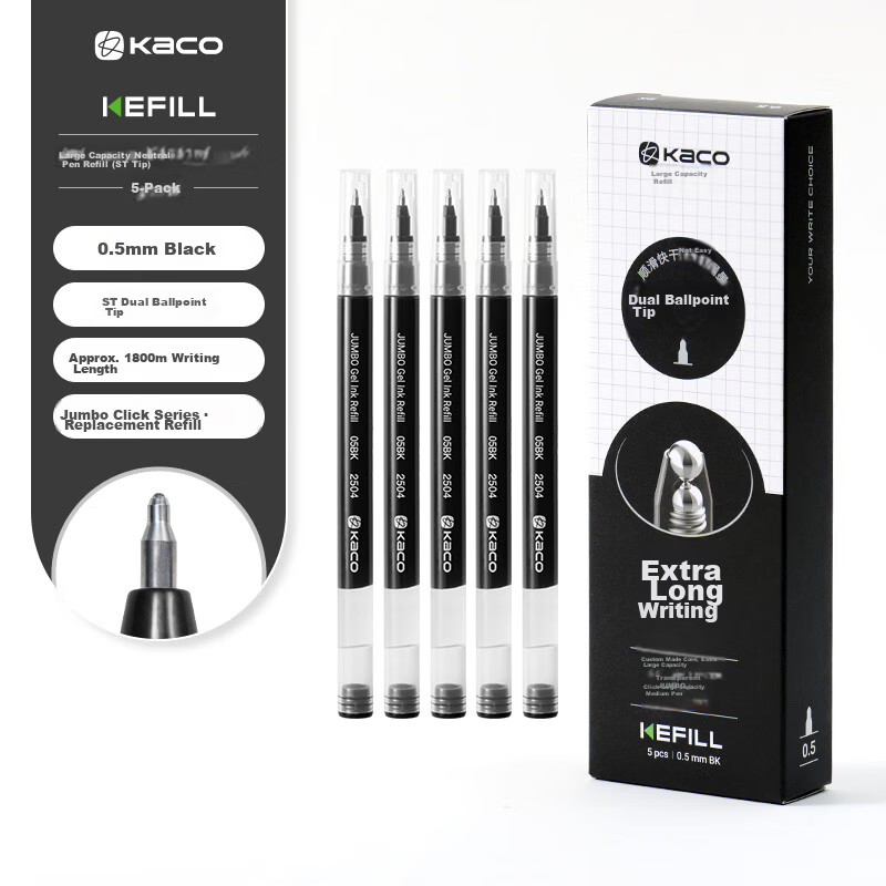 KACO KEFILL Large Capacity Gel Pen Refill ST Tip 0.5mm Black (Single Bagged, Compatible with Click Jumbo) 5-Pack Color Box