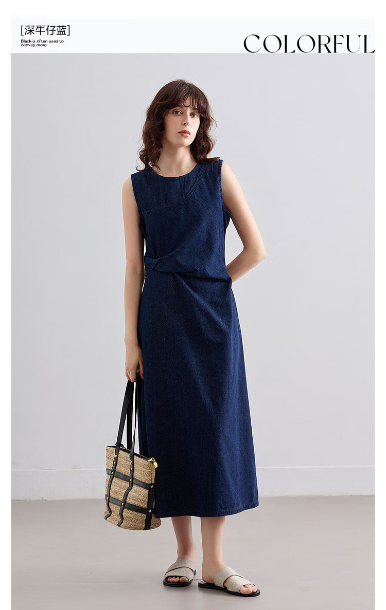 Demana [Denim Filter] Summer Vintage Round Neck Sleeveless Pleated Waist Slimming Mid-Length Denim Dress for Women 3