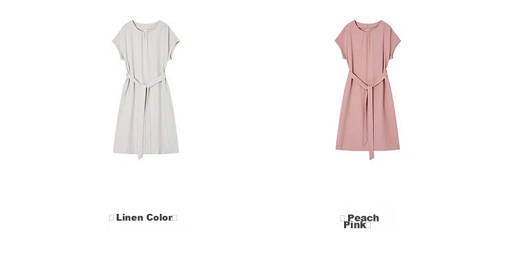 Demana Natural Linen Summer Elegant Round Neck Fabric Belt Loose Petite Mid-Length Dress for Women 15
