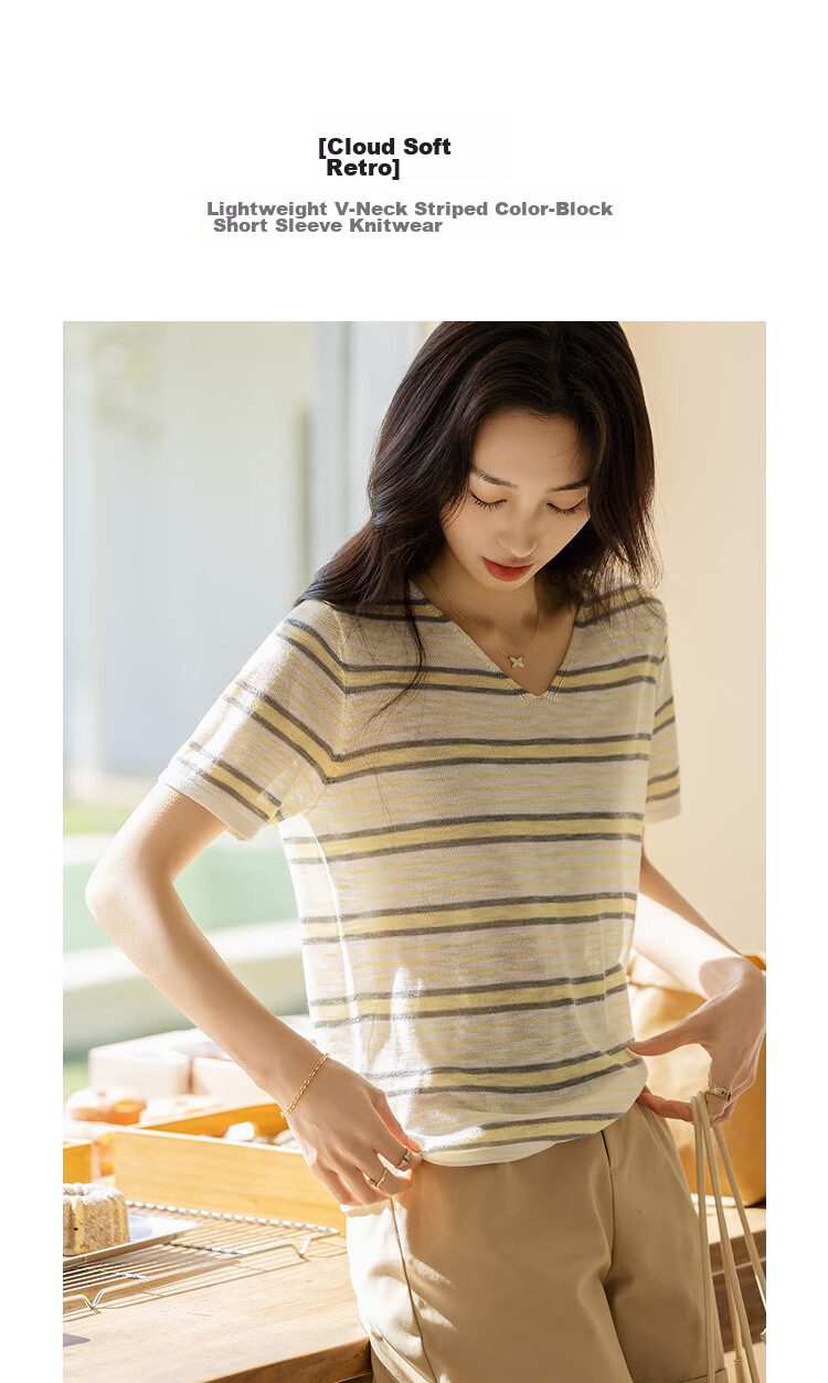 Demana [with Lyocell] Summer Lightweight V-Neck Striped Color-Block Short Sleeve Slim Fit Petite Knit Top for Women Premium Quality 5