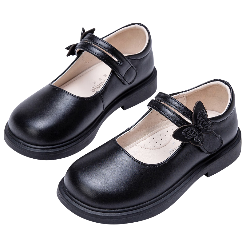 Follow Me Girls' Leather Shoes, Spring And Autumn Season, Convenient Velcro, Stylish Princess Shoes, Children's Performance Dress Shoes, Black, Size 29