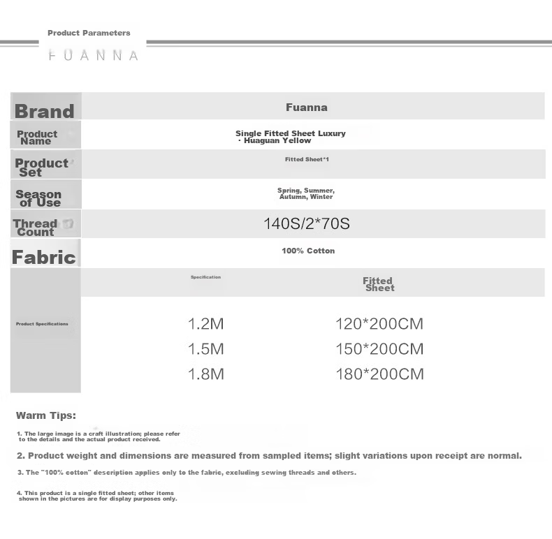 FUANNA Fitted Sheet 140s A-Class Double Yarn Long-Staple Cotton Sateen Mattress Cover Pure Cotton Fitted Sheet 1.8x2m Yellow 15
