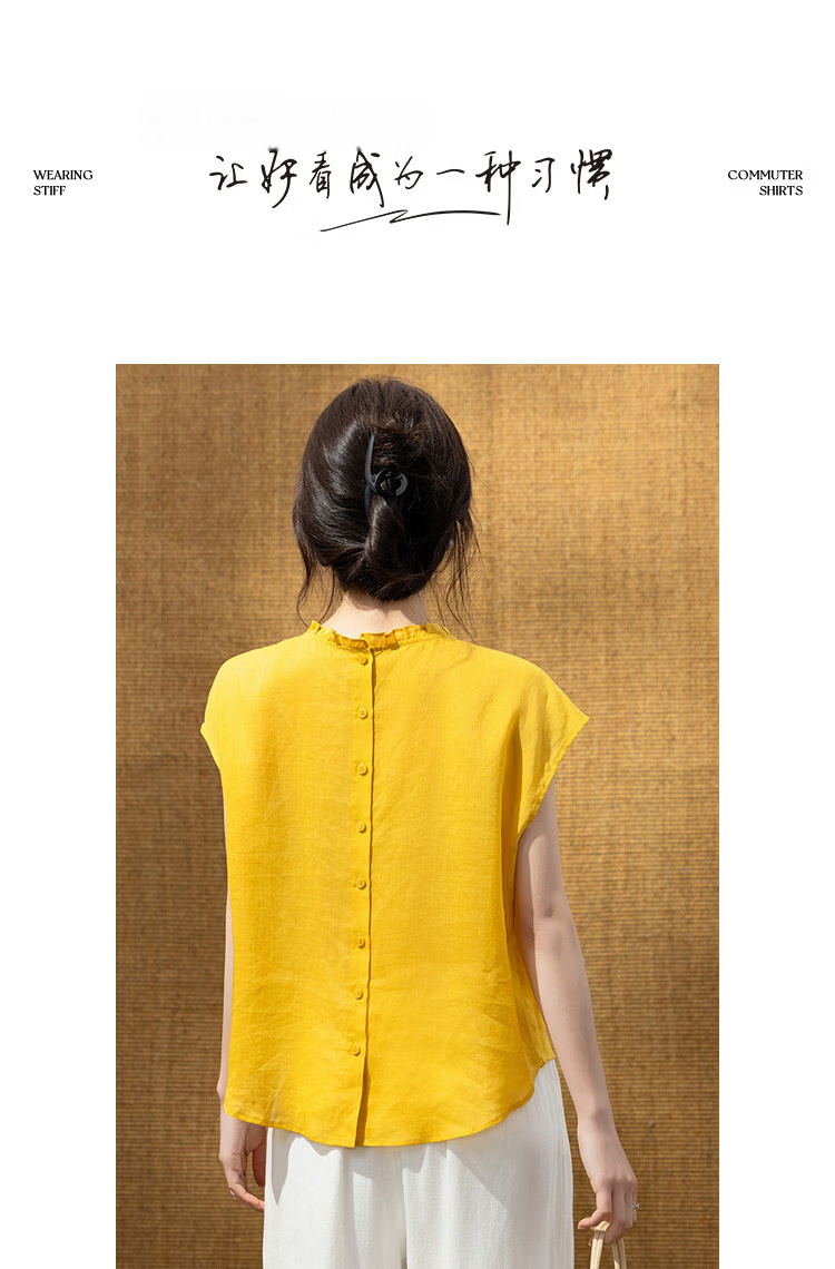 Demana [Ramie Lyocell Blend] Summer Artistic Style Ruffled Round Neck Cap Sleeve Slim Fit Shirt for Women High-End Feel 10