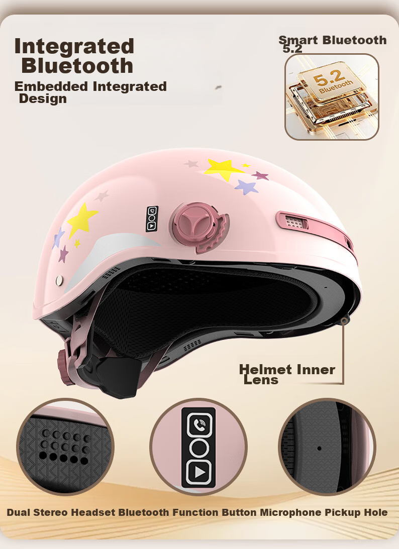 Yundianwei Women's Electric Bicycle Helmet, 3C Certified, Scooter Safety Helmet, Couple And Parent Lightweight Motorcycle Half Helmet for All Seasons, Smart Bluetooth Dual Visor Model, Kabbi Pink, Large Size L 4