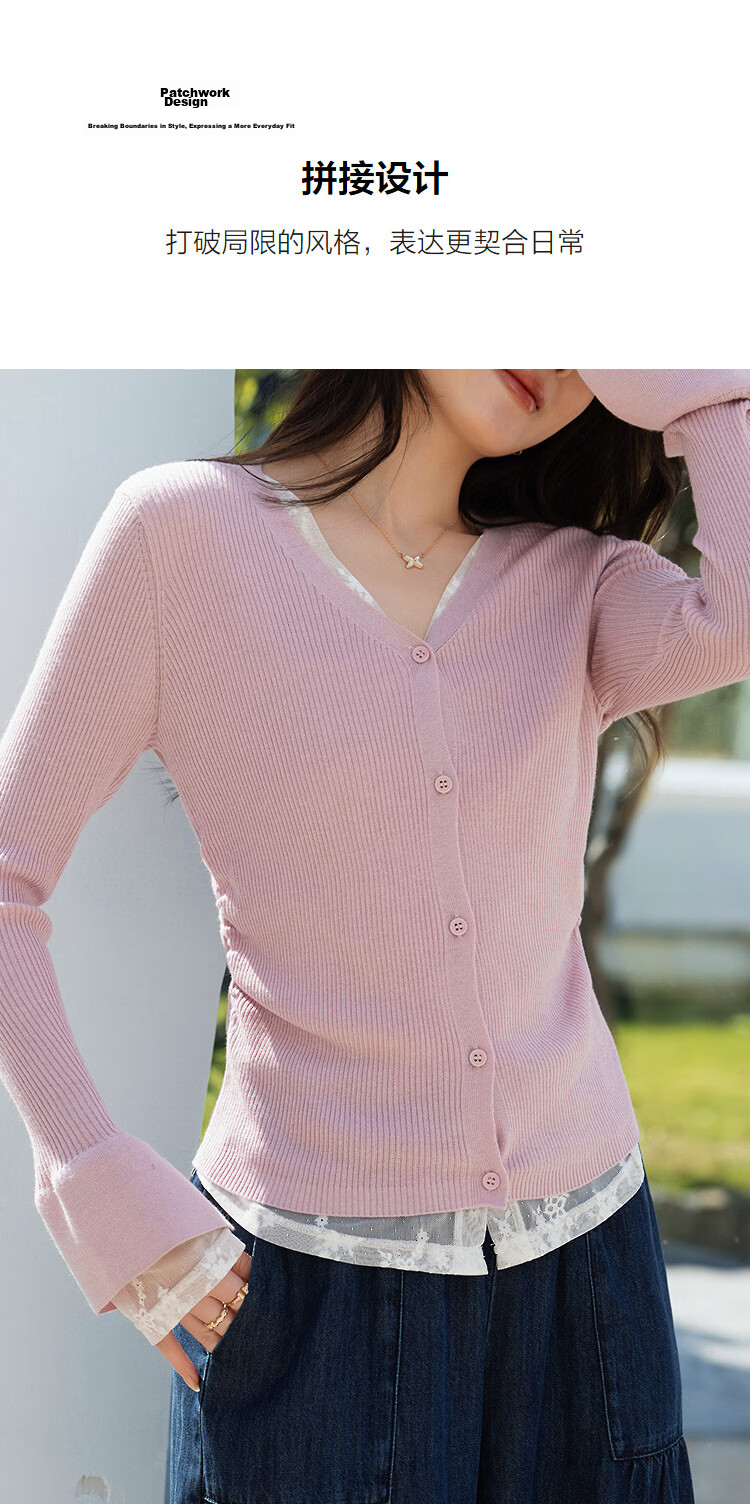 Demana Women's Slim Fit Spring V-Neck Knit Sweater with Lace Splicing, Faux Two-Piece Design, Mulberry Silk and Wool Blend 7