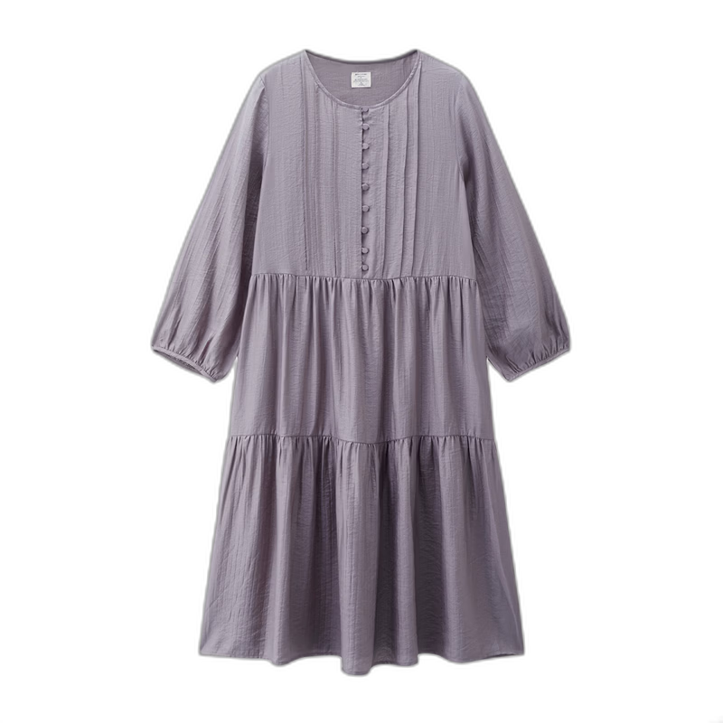 Giordano Women's Loose Pleated Striped Round Neck Half-Placket Dress 2026 Autumn 05466066
