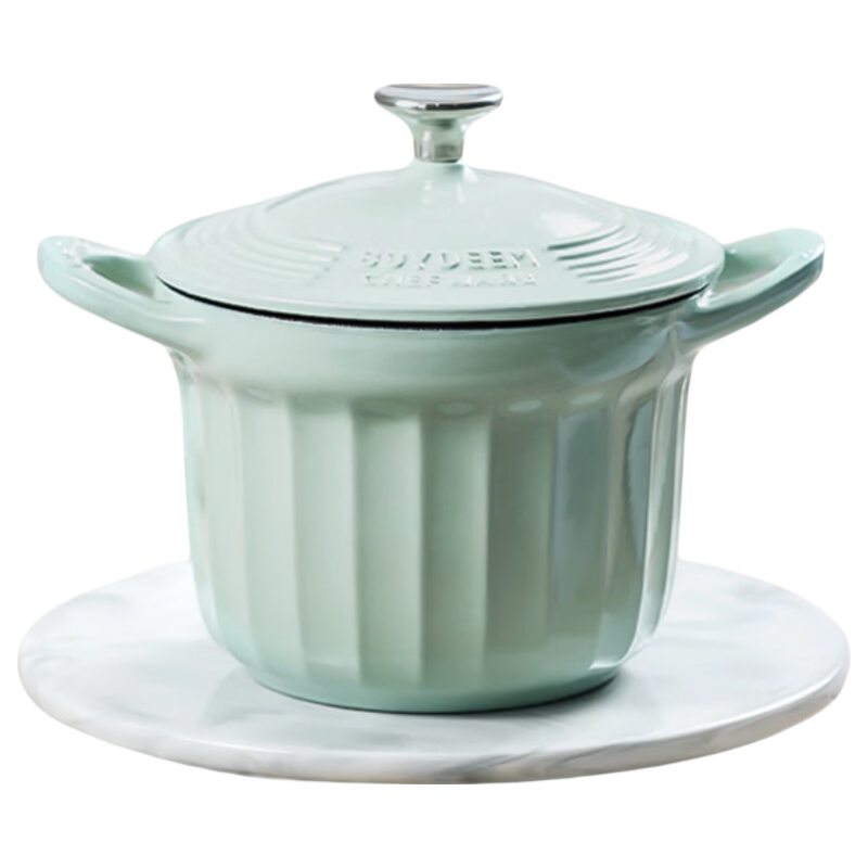 Buydeem Enamel Pot, Braising Small Round Pot, Double-Ear Cast Iron Pot, Stew Pot, 16cm Braising Pot, Light Gree