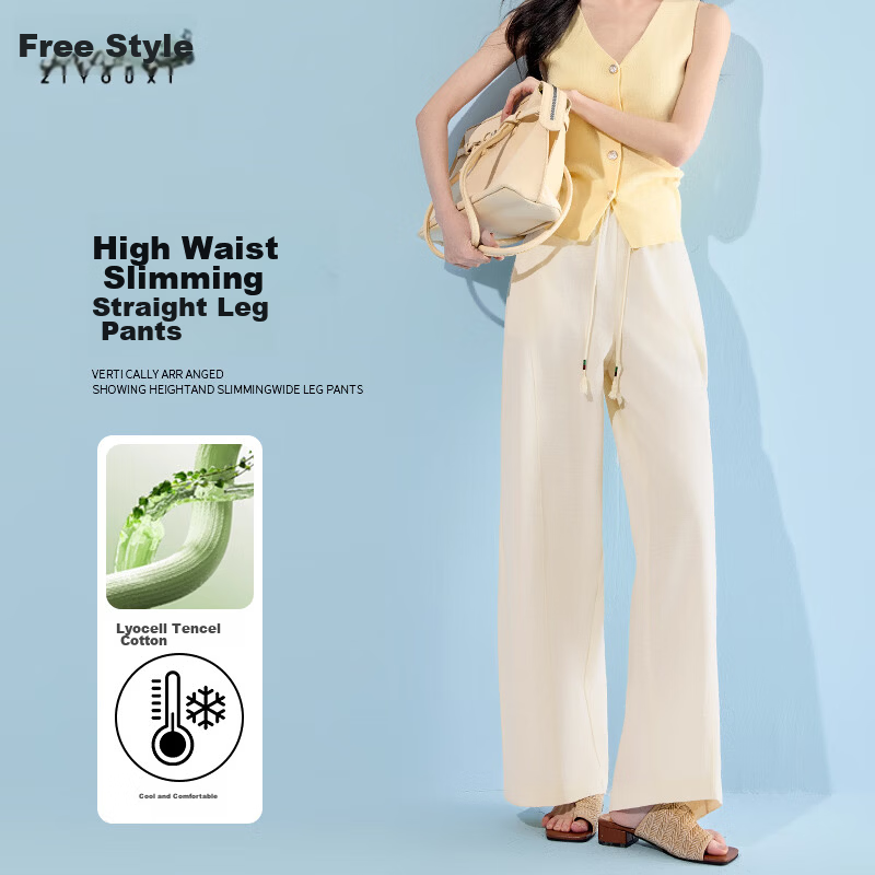 Free Style Wide-Leg Pants for Women Summer Thin 2026 New High Waist Slim Loose Linen Texture Straight Casual Trousers