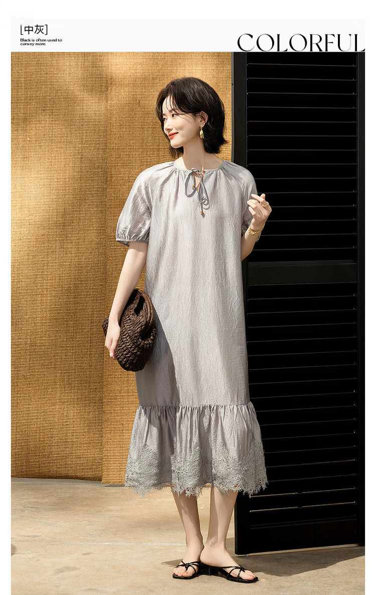 Demana Wrinkled Acetate Summer Vacation Style Tassel V-Neck Lace Splice Loose Mid-Length Women's Dress 3