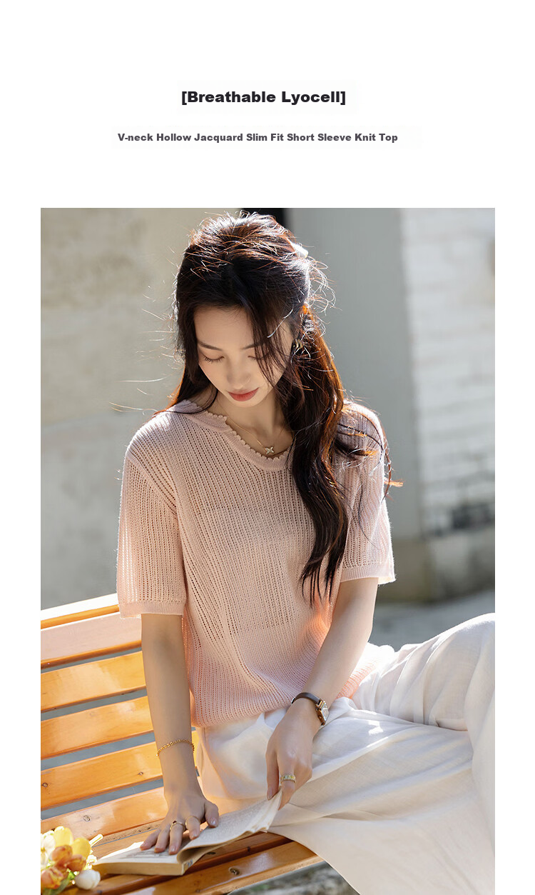 Demana [Breathable Tencel] Summer Elegant V-Neck Hollow Jacquard Slim Fit Short Sleeve Knit Top for Women Premium 5