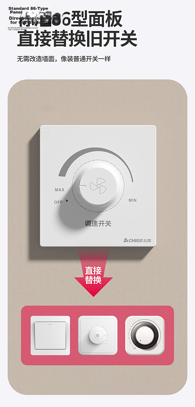 CHIGO Ceiling Fan Speed Controller Universal Motor Speed Regulator Control Top Fan 86 Type Speed Switch Concealed Stepless Speed Controller White 5