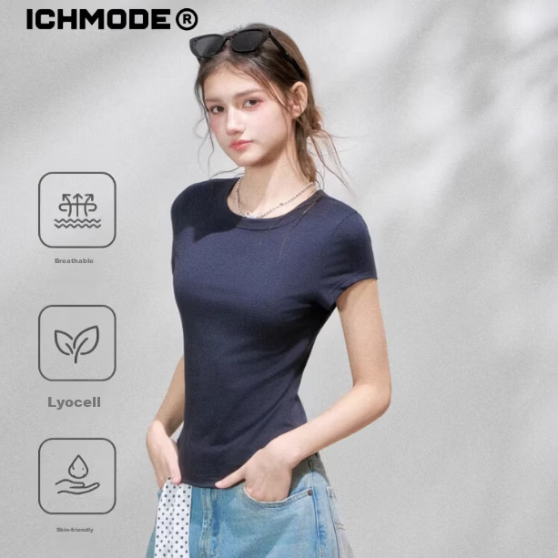 ICH MODE Lenzing Tencel Slim Fit Short Sleeve T-Shirt for Women Skin-Friendly Cooling Flutter Sleeve Slimming Top Navy Blue S