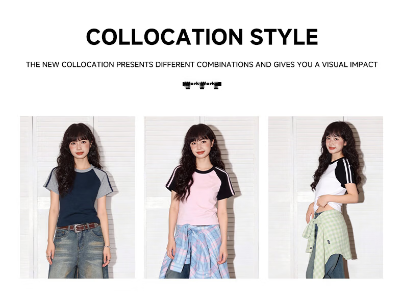 TonLion Colorblock Short Sleeve Women's Summer Raglan Patchwork Cropped Slim Fit T-Shirt New American Style Slimming Top 5
