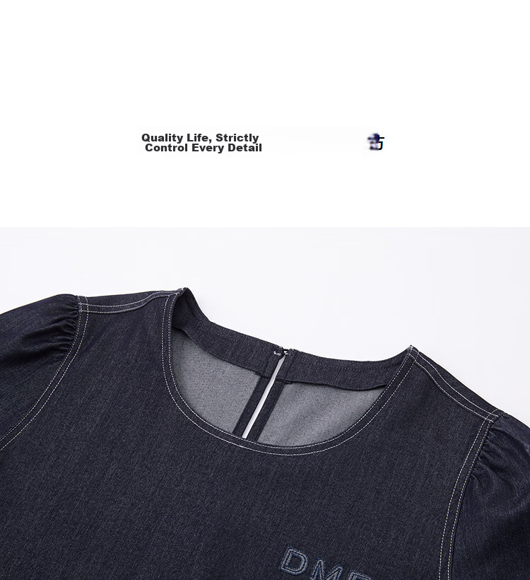 Demana [Lady Channel] Summer Letter Embroidery Contrast Stitch Puff Sleeve Ruffle Hem Colorblock Slim Fit Dress for Women 12