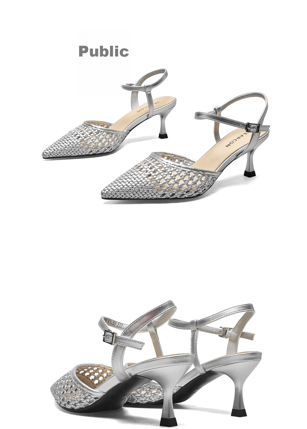 Yierkang Women's Pointed Toe Stiletto Backless Woven Mesh Peep Toe Sandals 29996W Silver Size 37 12