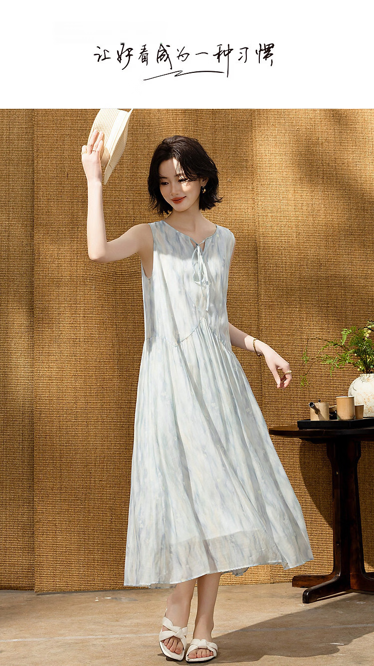 Demana [Refreshing Lyocell] Summer Vacation Style Tie Round Neck Sleeveless Loose Slim Dress for Petite Women 1