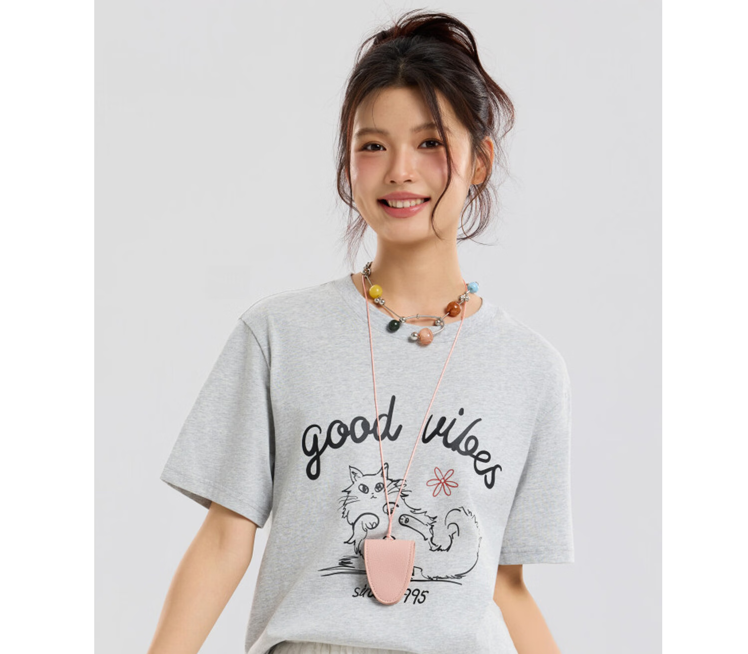Metersbonwe Women's Short Sleeve T-Shirt 2026 Summer New Pure Cotton Hand-Painted Cat Print Loose Fit Versatile Tee 26