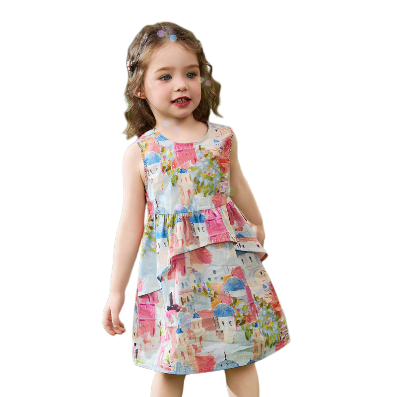 ASK JUNIOR Baby Girl Dress, Pure Cotton Summer Children's Oil Painting Vacation Dress, Sleeveless Dress, Girls' Princess Dress