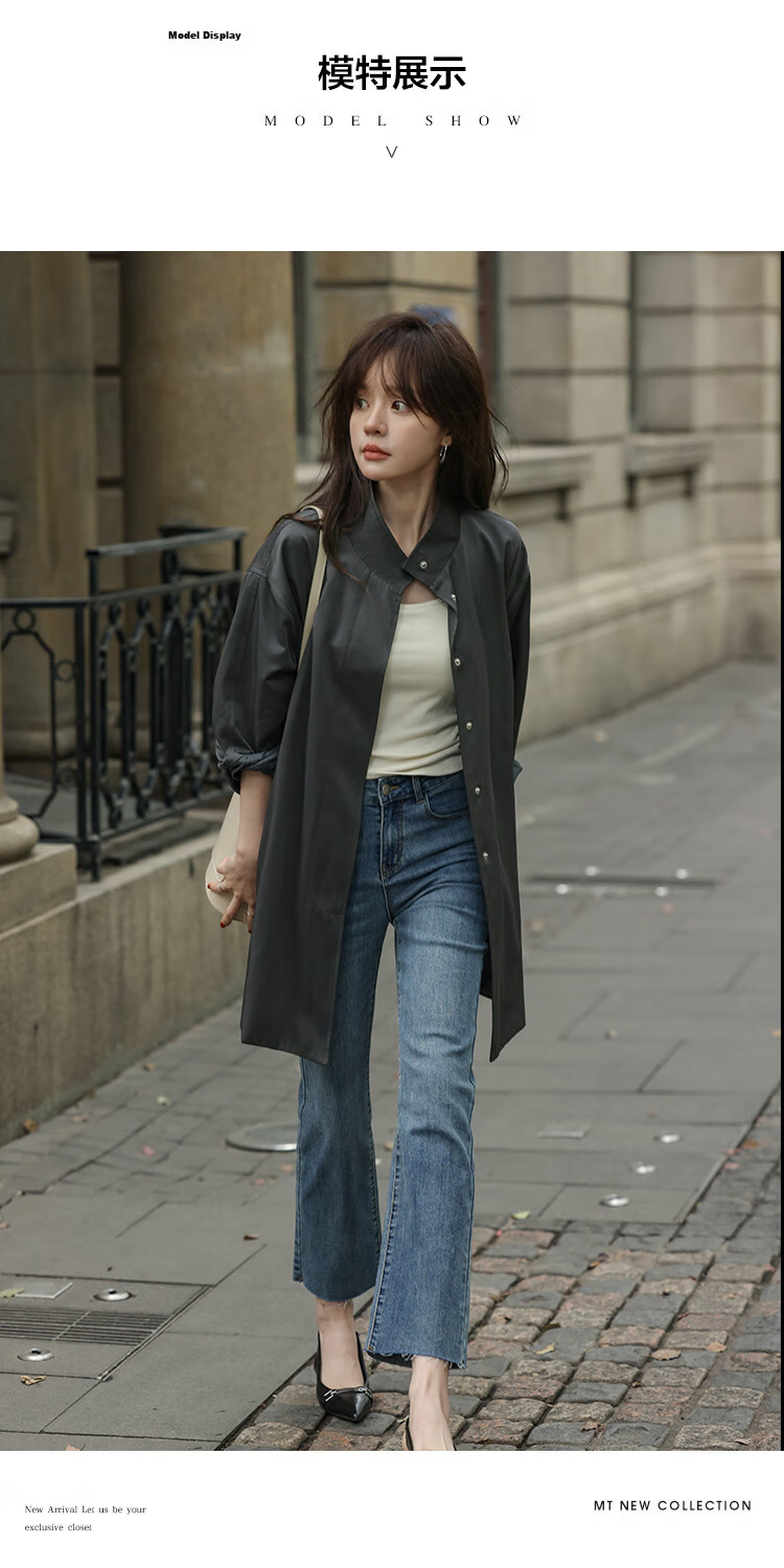 MT Grey British Style Autumn Stand Collar Wide Edge Pocket Design Loose Mid-Length Trench Coat 6