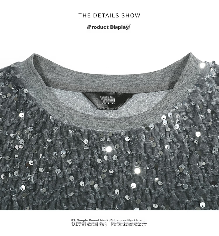 LOUISYAO Sequin Embellished Mesh Splice Sweatshirt 2025 Autumn Winter New Split Hem Fashion Top for Women Gray S 19