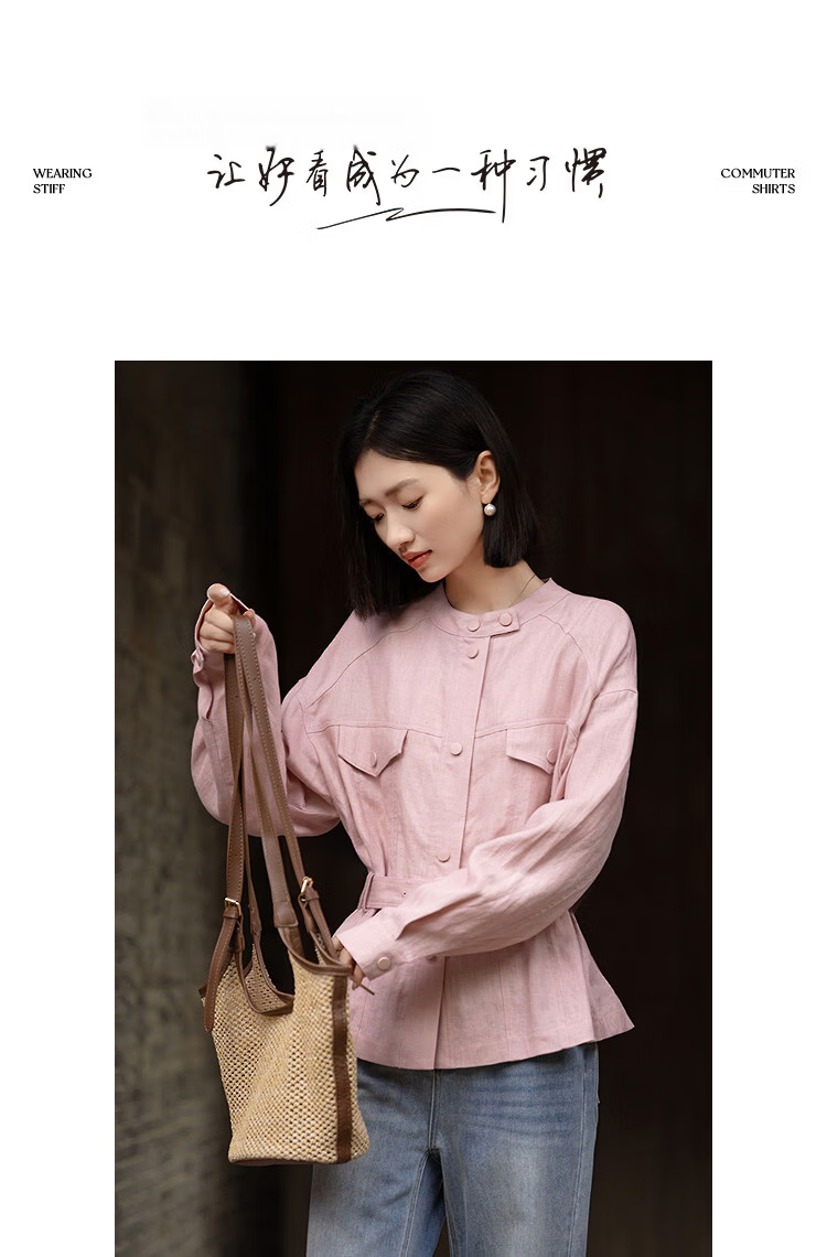 Demana [100% Linen] Spring Moray Series Stand Collar Flap Pocket Adjustable Belt Drop Shoulder Petite Women's Jacket 10
