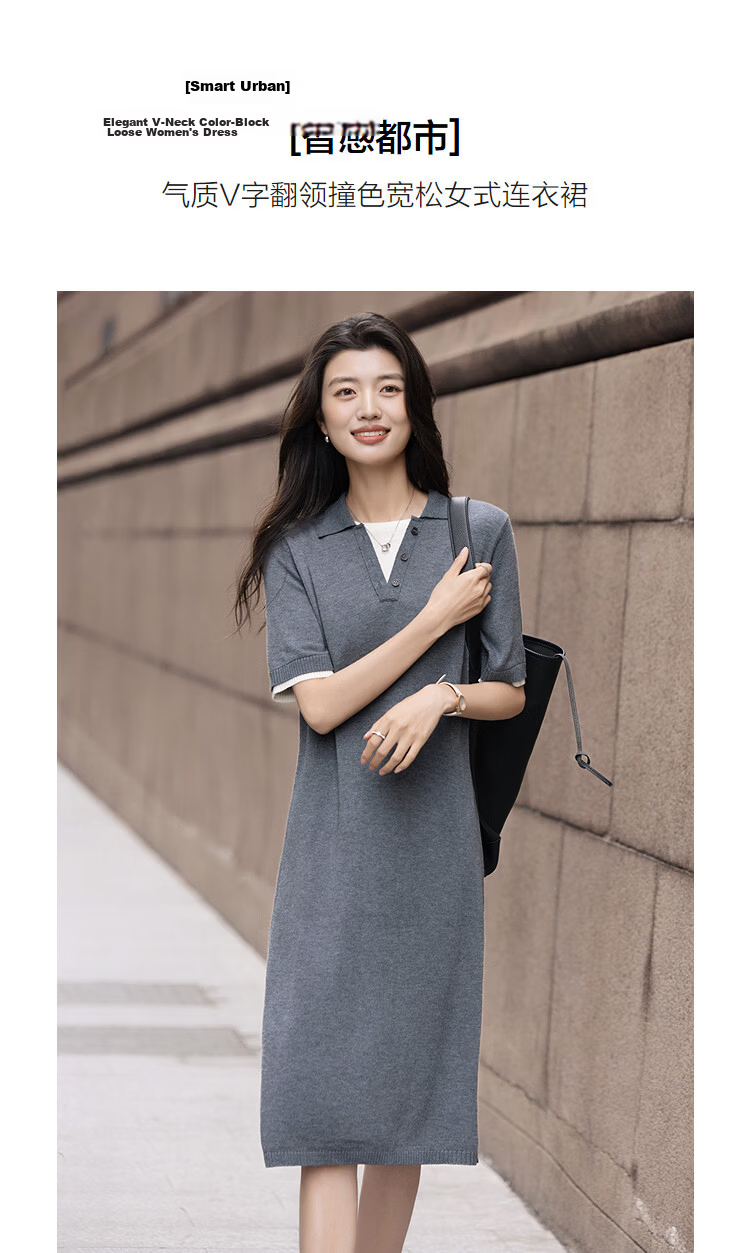Demana [Mulberry Silk and Wool Blend] Spring Smart V-Neck Color-Block Short Sleeve Slim Loose Dress for Women 5