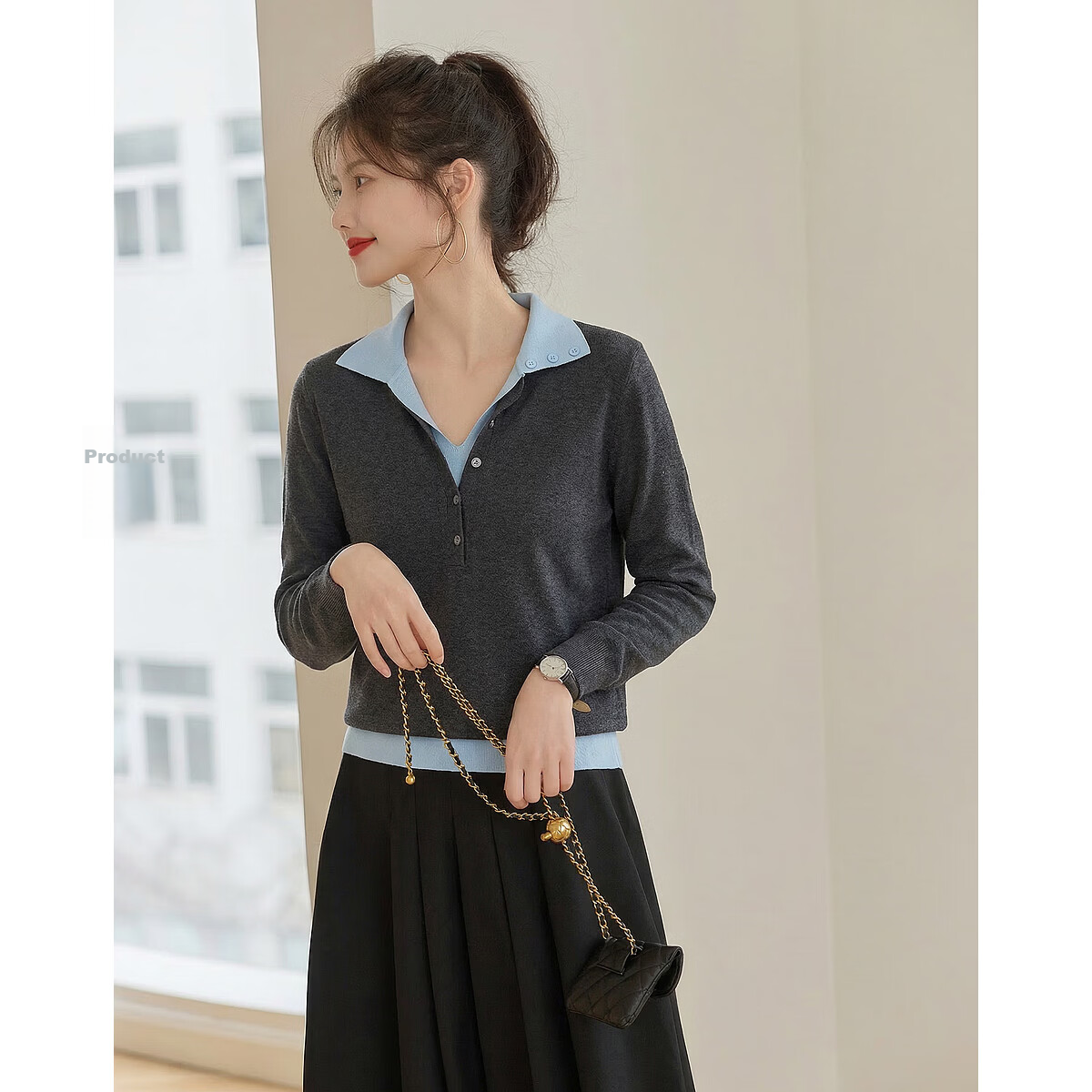 Demana Autumn Elegant Deep V Two-Piece Contrast Slimming Knit Sweater with Mulberry Silk and Wool for Women