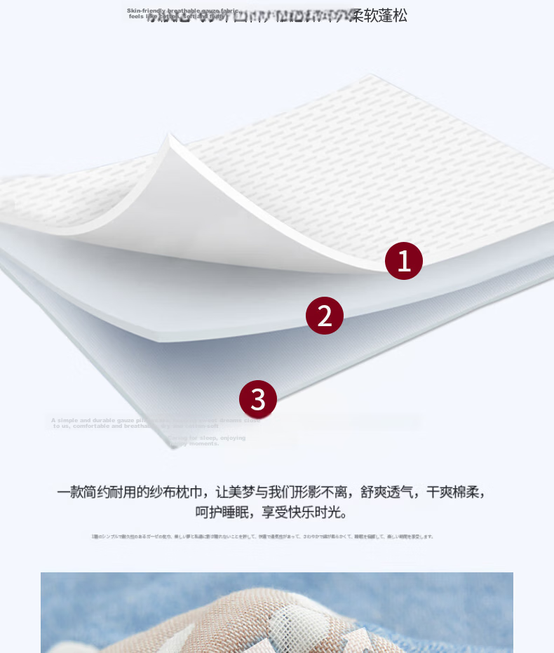 Hongdou Thickened Pillow Towel Three-Layer Gauze Anti-Slip Breathable Pillowcase Home Pillow Cover 52*78cm Jixiong - Blue 7