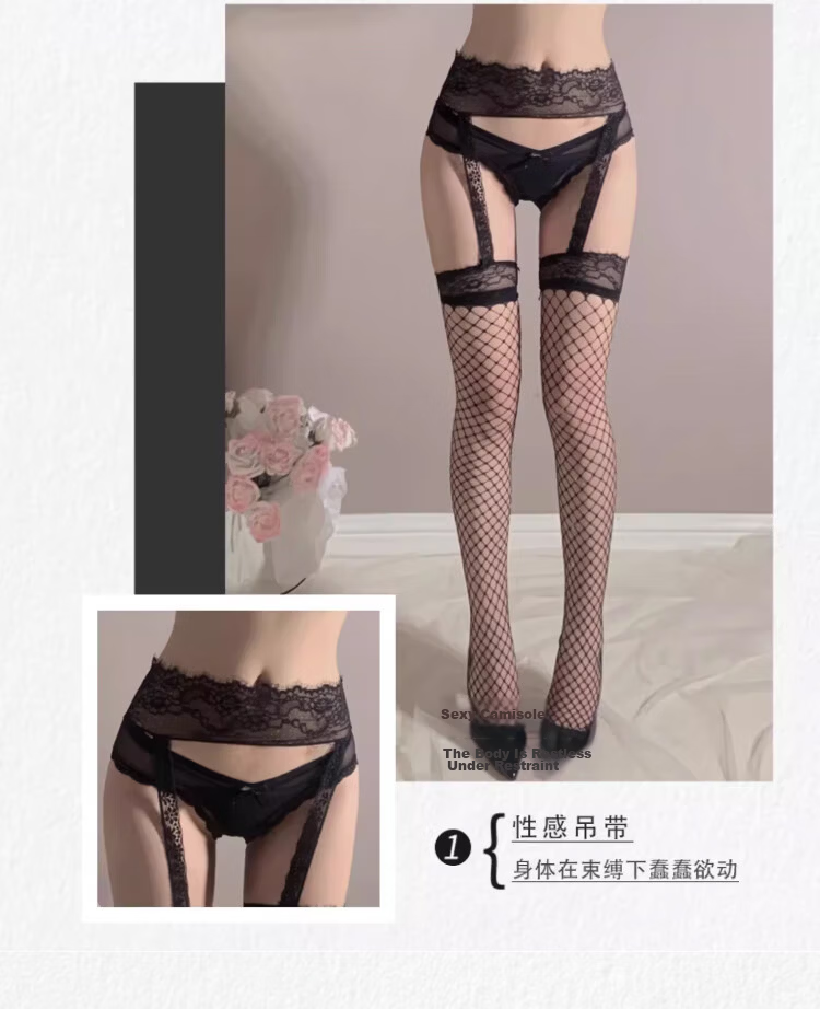 LangSha Spring Summer New Thin Mesh Lace Trim Sexy Pure Desire JK Suspender Fishnet Stockings 3