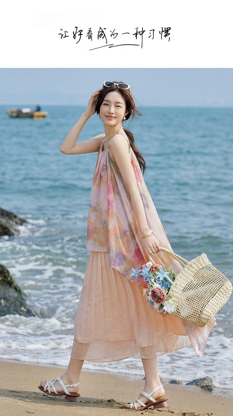 Demana French Romantic Summer Vacation Irregular Hem Chiffon Pleated Slim Fit Slip Dress for Petite Women 1
