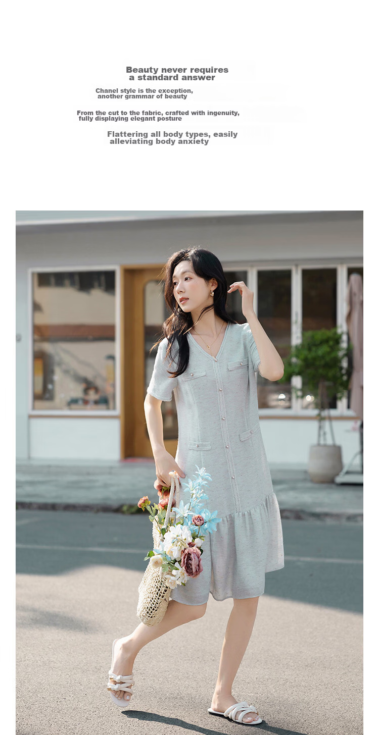 Demana Urban Socialite Summer Tweed V-Neck Fake Pocket Ribbon Slimming Concealing Dress for Women Premium 6