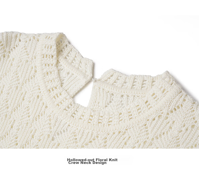 Olrain Summer New Breathable Skin-friendly Hollow Floral Knit Round Neck Short Sleeve Sweater for Women Off-white L 14