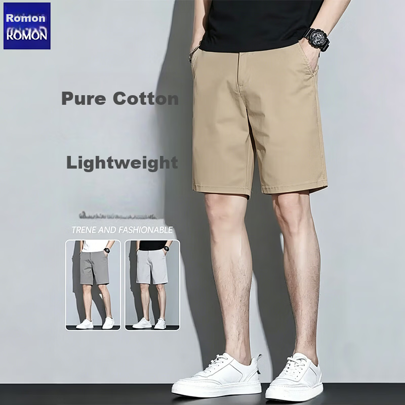 ROMON Men's Off-White Cotton Lightweight Summer Shorts 2026 New Loose Fit Versatile 5-Inch Length