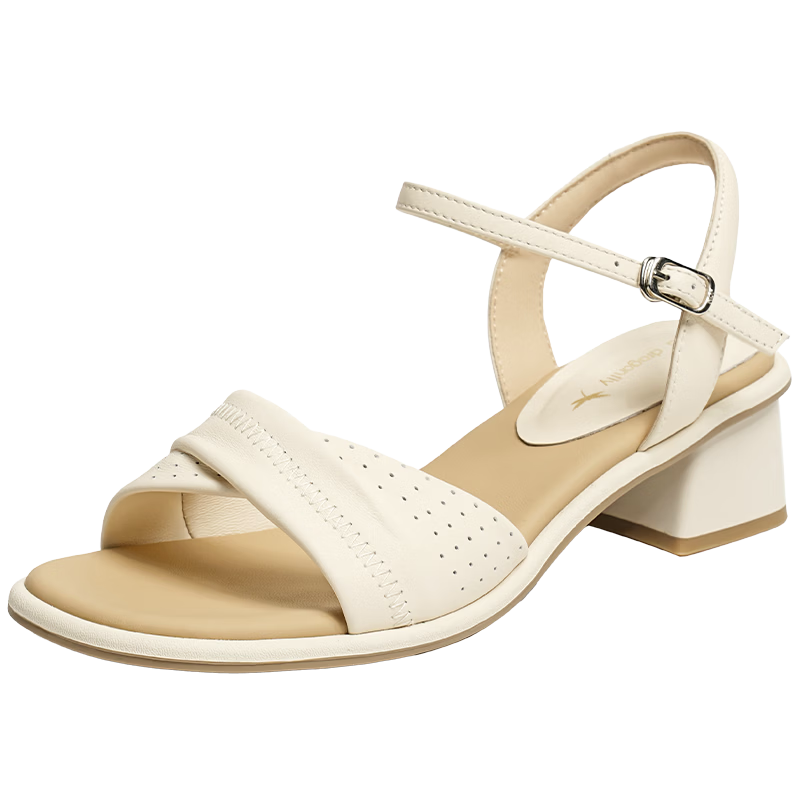 Red Dragonfly Women's Sandals Summer 2026 New Thick Heel Commuter Comfortable Sheepskin Elegant Thick Heel Sandals WFK26057 Beige Size 34