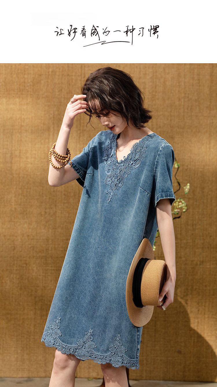 Demana [Denim Cloud Cotton] Spring Design Lace Patchwork Round Neck Petite Loose Women's Denim Dress 1