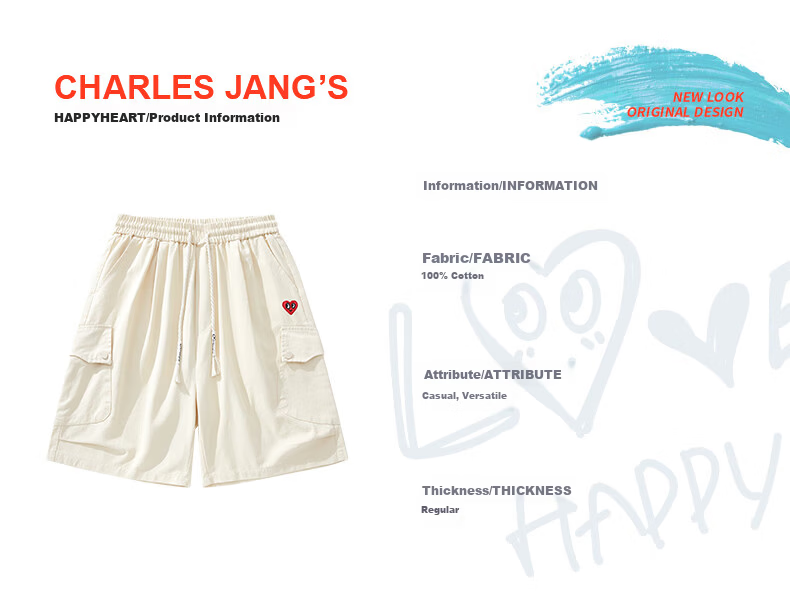 Charles Peach Heart Trendy Workwear Five-Point Shorts Summer Loose Straight Casual Slim Black M 7