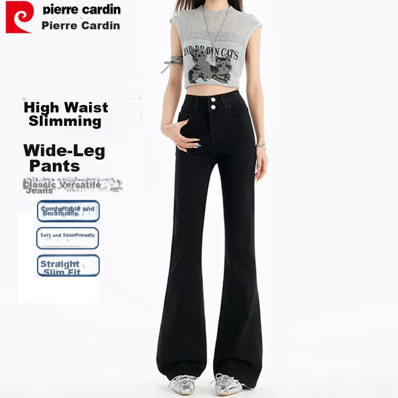 Pierre Cardin Women's Summer Fashion Wide-Leg American Style High-Waist Slight Flare Stretch Slim Fit Jeans Black L