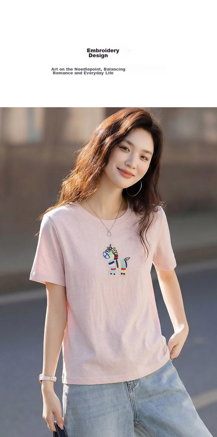 Demana [with Lyocell Cotton] Summer Fresh Sweet Little Horse Embroidery Round Neck Short Sleeve Slim Fit Designer Women's T-Shirt 7