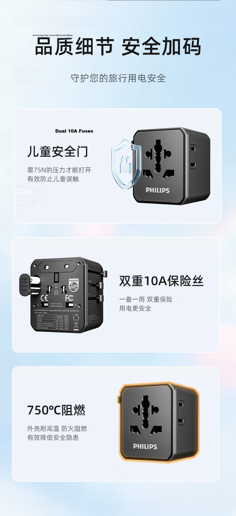 PHILIPS 17W International Travel Adapter Plug Converter Socket with USB Dual Outlet 2A 2C for UK Europe US Australia Germany Japan Singapore Hong Kong White 13