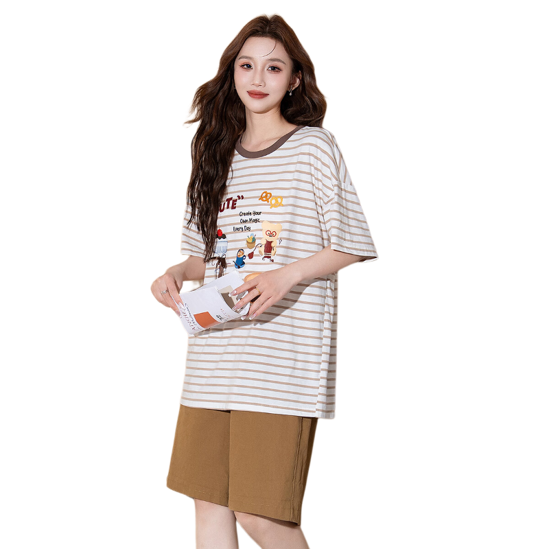 TonLion 2025 Summer Women's Striped 3D Bow Lace Trim Printed Short-Sleeve T-Shirt