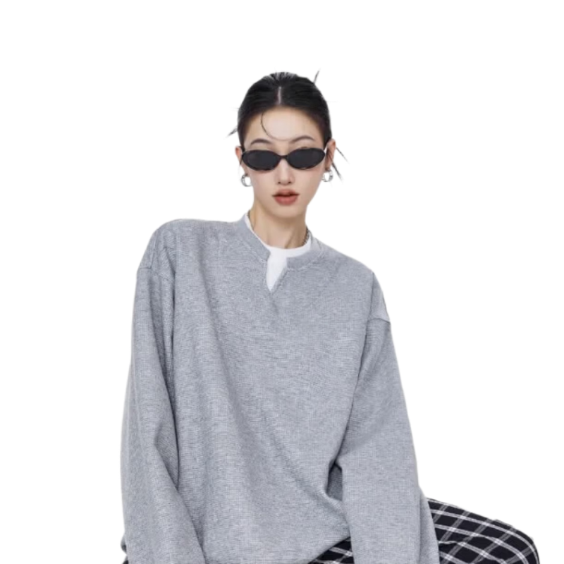 ICH MODE Women's Pullover Sweatshirt American Waffle Long Sleeve T-Shirt Autumn Winter Loose Casual Henley Neck Top Gray XL