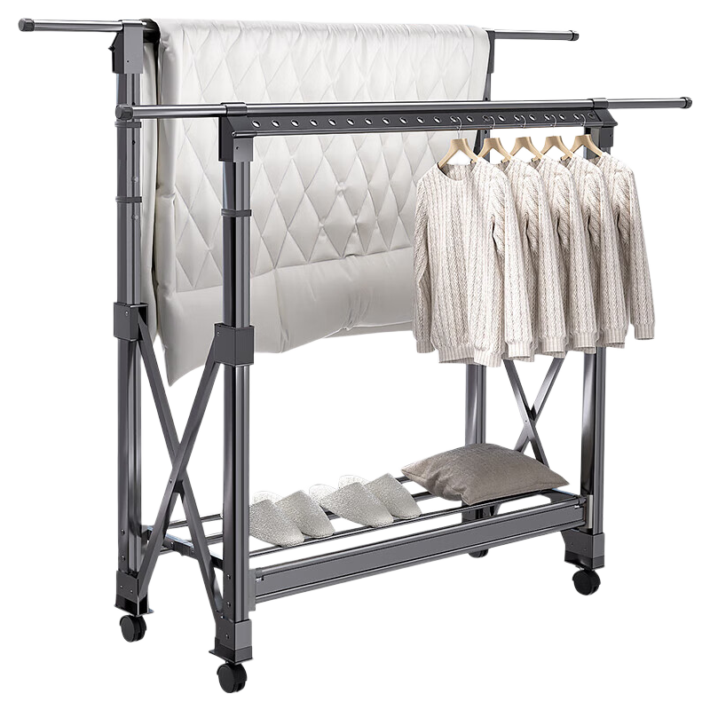 Cenggao Foldable Retractable Clothes Drying Rack, Balcony Quilt Hanger Stand, No Installation Required, H-Shaped Gray Adjustable Height Small Size with Universal Wheels