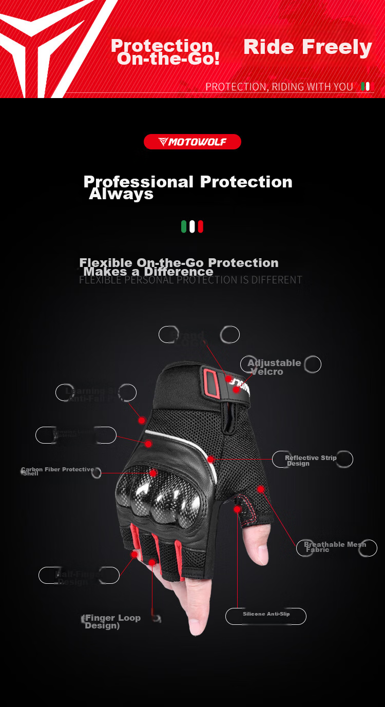 MOTOWOLF Motorcycle Gloves Half Finger Carbon Fiber Summer Breathable Riding Motorbike Anti-fall Knight Gear Unisex 3