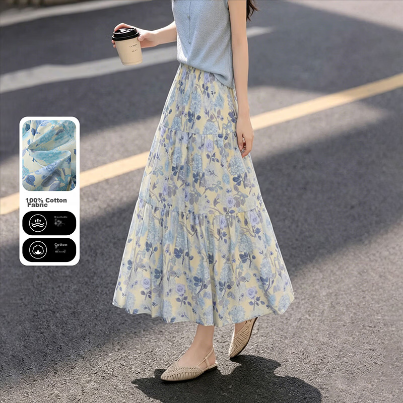 Awakening Paradise 26 Summer Fashion Retro High-Waist Floral Midi Skirt Vacation Style Elegant Long Skirt Blue One Size