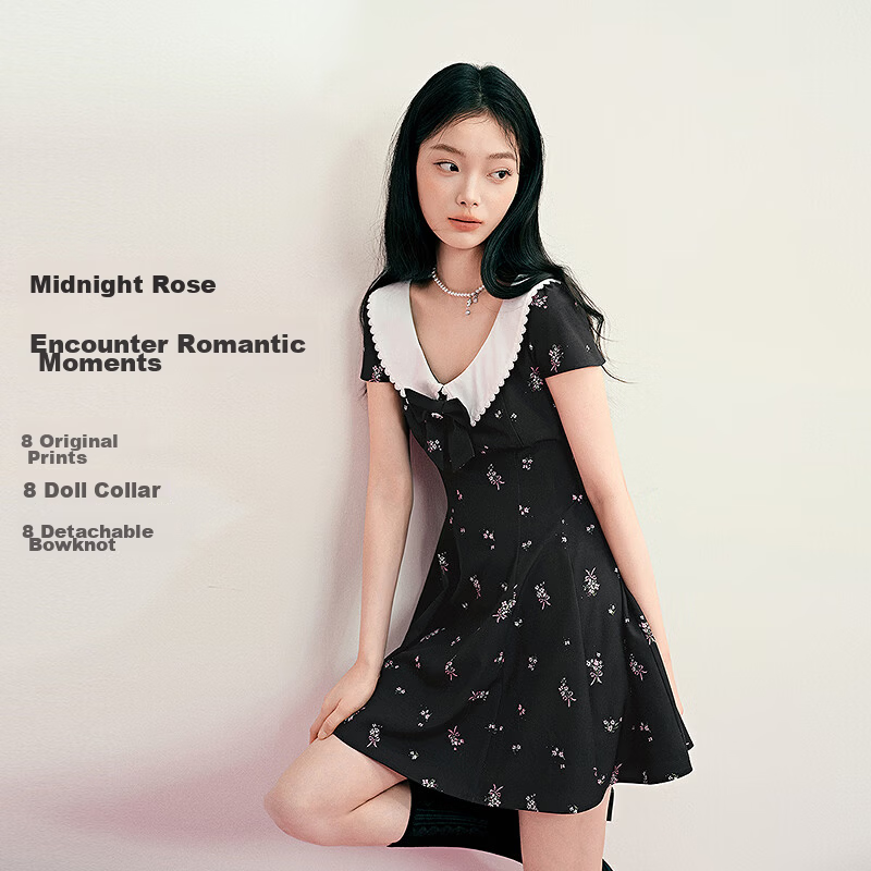 LeTing Original Printed Draped Collar Spliced Shirt Doll Collar Dress Black (In Stock) XS