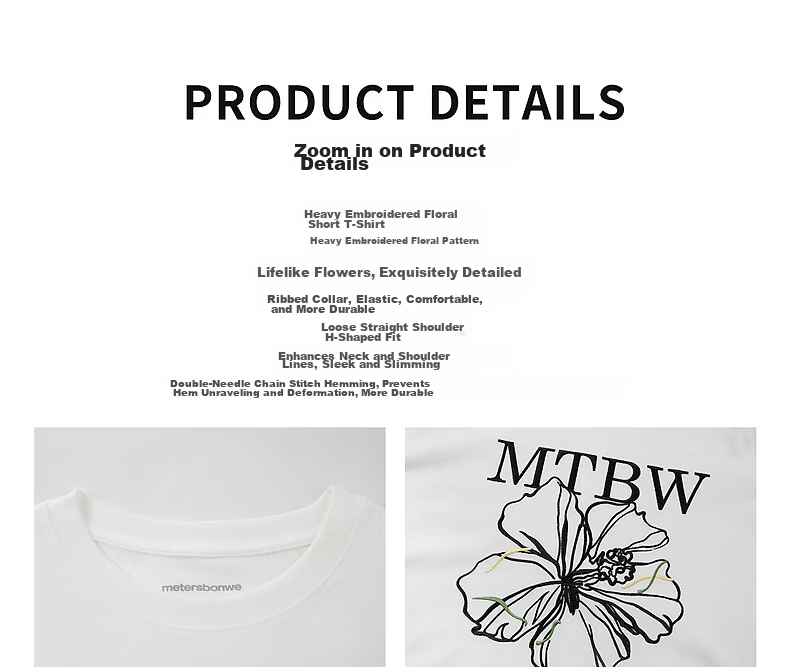 Metersbonwe Women's Short Sleeve T-Shirt Summer New Floral Embroidery Slim Fit Versatile Skin-Friendly T-Shirt Snow White S155/80A 9