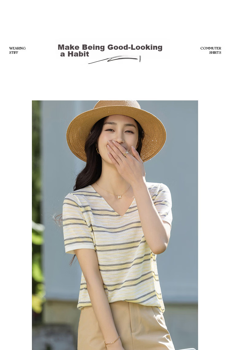 Demana [with Lyocell] Summer Lightweight V-Neck Striped Color-Block Short Sleeve Slim Fit Petite Knit Top for Women Premium Quality 10